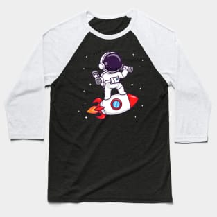 Cute Astronaut Lifting Dumbbell On Rocket Cartoon Baseball T-Shirt